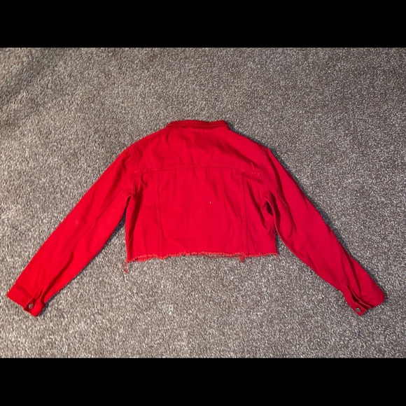 Red Oversized Distressed Crop Jacket - Picture 2 of 3